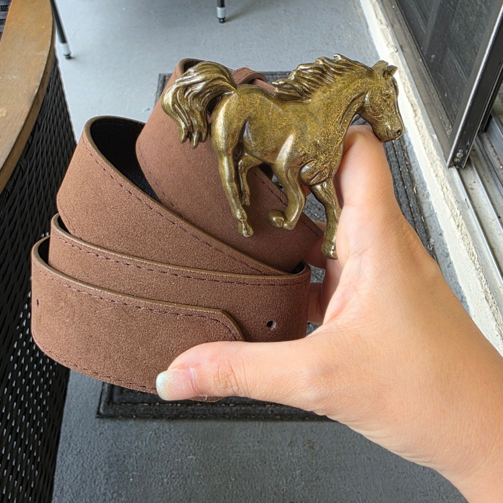 Western Brown Faux Suede Belt with Gold Running Horse Mustang Buckle Equestrian